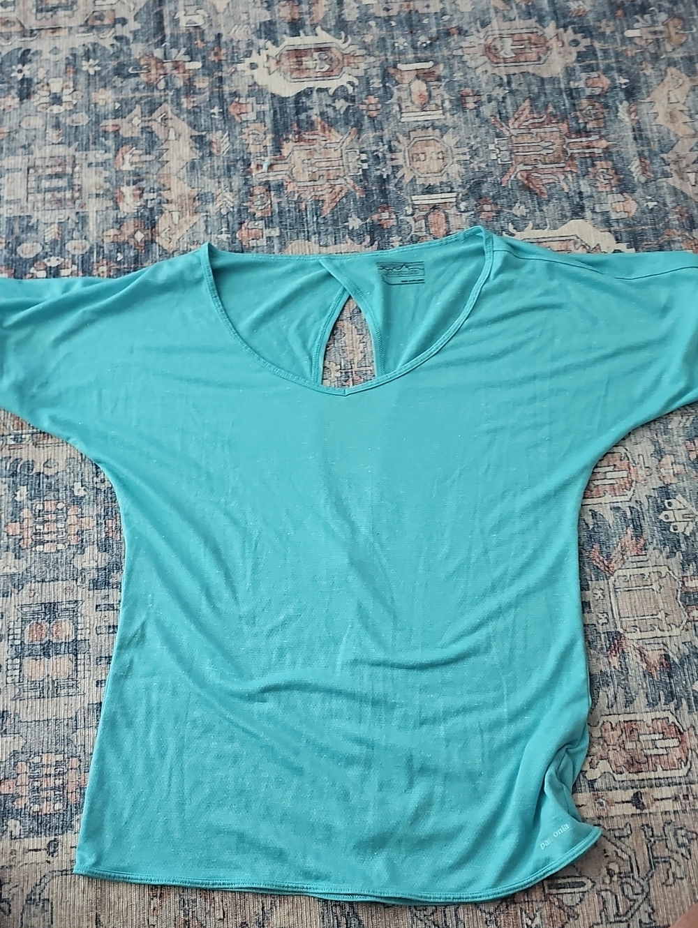 Patagonia Women's Scoop Neck Light Teal Women's Short-Sleeve Keyhole Back- Top